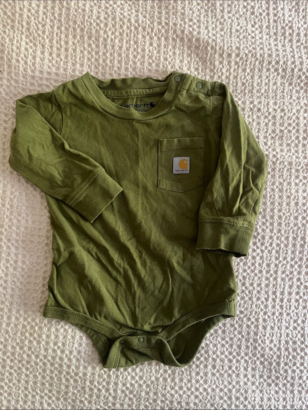 Carhartt Olive Green Long-Sleeve Pocket Bodysuit with Logo Patch